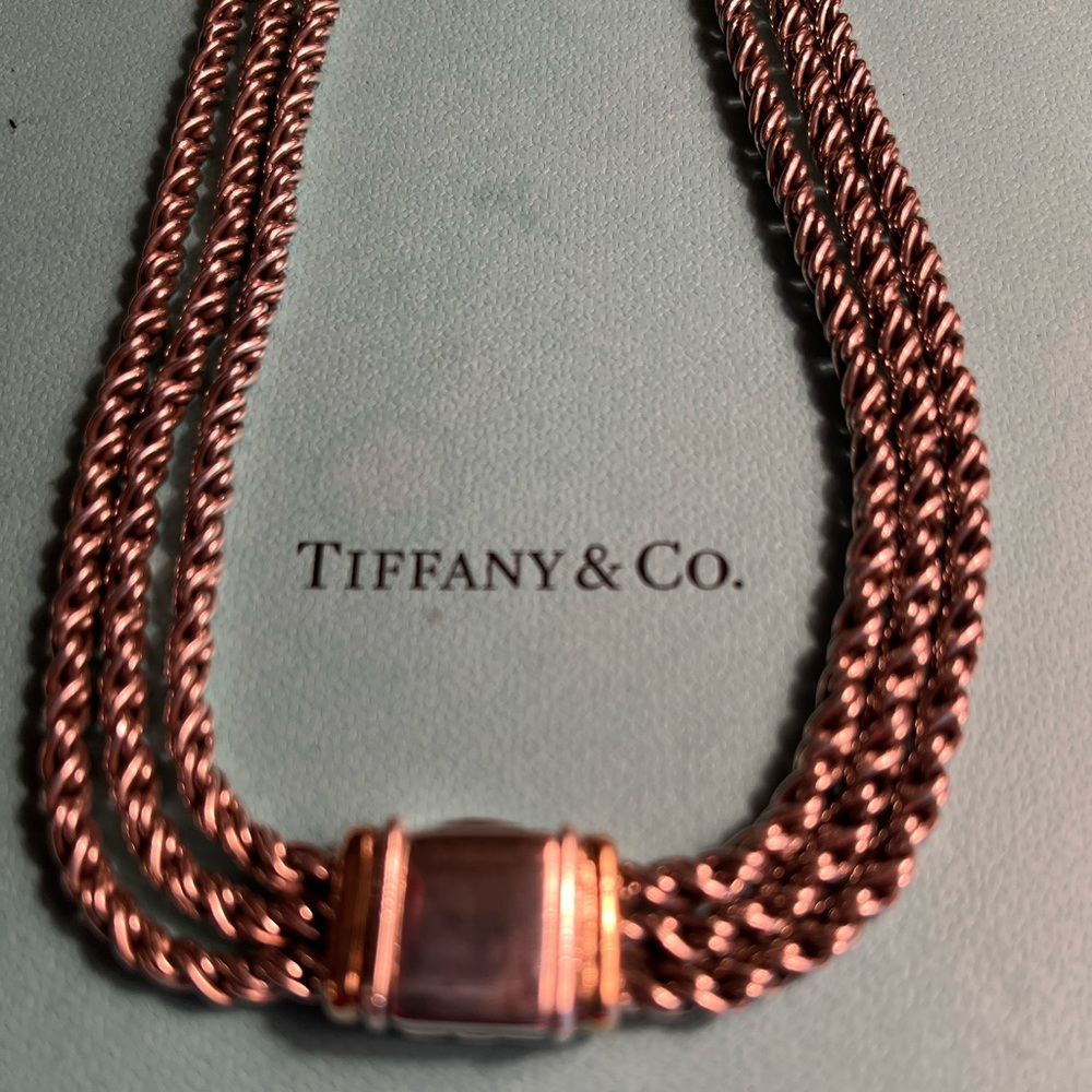TIFFANY & CO 925 STERLING LAYERED 16” & 18kt gold triple strand necklace